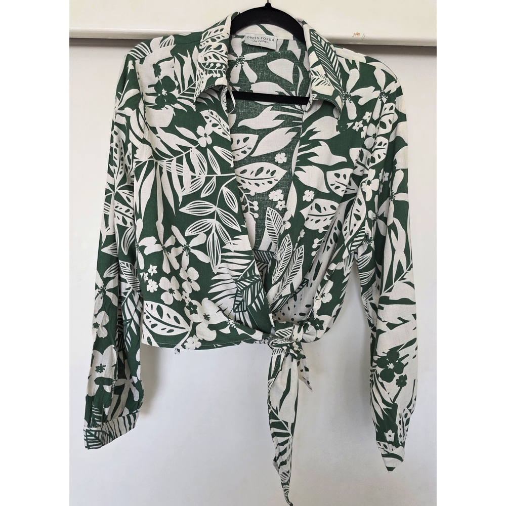 Tie-Front Botanical Print Blouse - Green & White